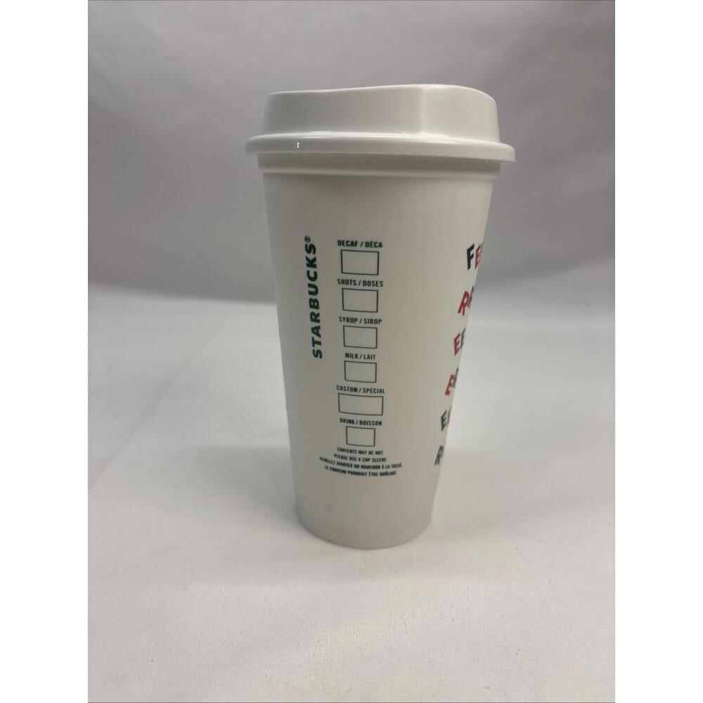Starbucks Coffee Reusable Travel Plastic Cups 16oz w Lid 2013 White Merry Coffee - Picture 2 of 7